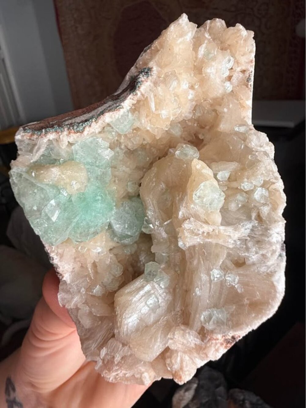 Large Green Apophyllite on Peach Stilbite Crystal Cluster 476g Natural Mineral S